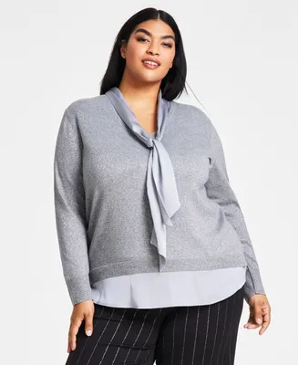 Anne Klein Plus Size Layered-Look Metallic-Threaded Sweater
