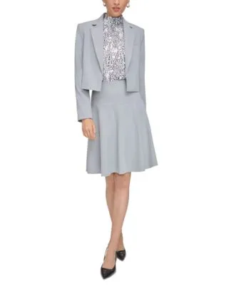 Calvin Klein Petite Grey Cropped Open Front Jacket Abstract Print Mock Neck Ruffle Sleeve Blouse Knee Length Side Zip Skirt