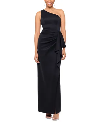 Xscape Petite One-Shoulder Side-Drape High-Slit Gown