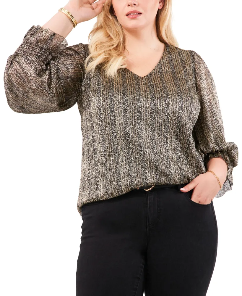 Vince Camuto Plus Size Metallic Blouson-Sleeve Top