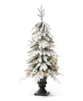 Glitzhome 4' Pre-Lit Flocked Fir Artificial Christmas Porch Tree with 100 Warm White Lights and Red Berries