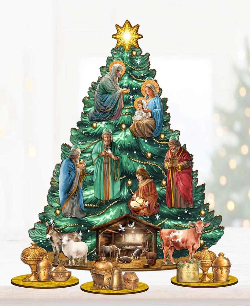 Designocracy Christmas Story Themed Wooden Christmas Tree with Ornaments Set of 13 G. DeBrekht