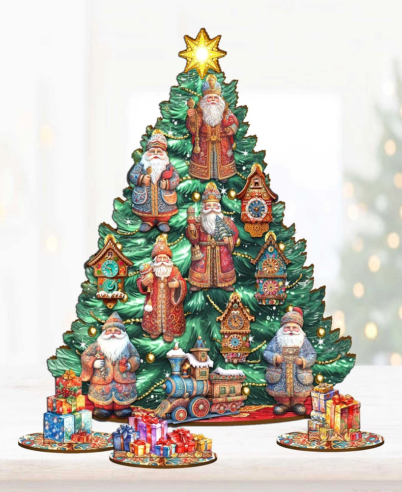 Designocracy Santa Christmas Arrival Themed Wooden Christmas Tree with Ornaments Set of 13 G. DeBrekht