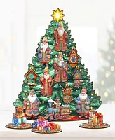 Designocracy Santa Christmas Arrival Themed Wooden Christmas Tree with Ornaments Set of 13 G. DeBrekht