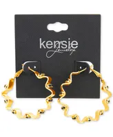 kensie Gold-Tone Black Rhinestone Wavy Medium Hoop Earrings, 1.6"