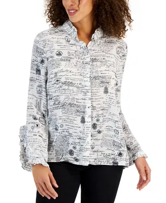 T Tahari Women's Printed Bell-Sleeve Button-Front Top