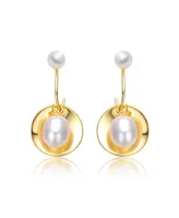 Genevive Sterling Silver 14k Yellow Gold Plated with White Freshwater Pearl Double Drop Seashell Dangle Earrings