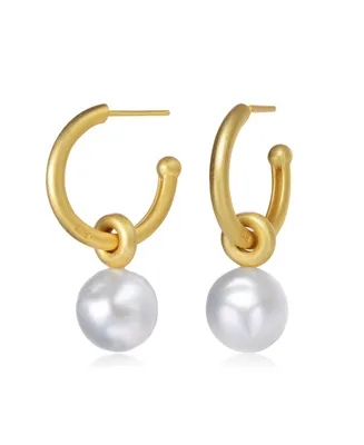 Genevive Elegant Sterling Silver 14K Gold Plated Round 11.5-12MM Genuine Freshwater Pearl Hoop Earrings