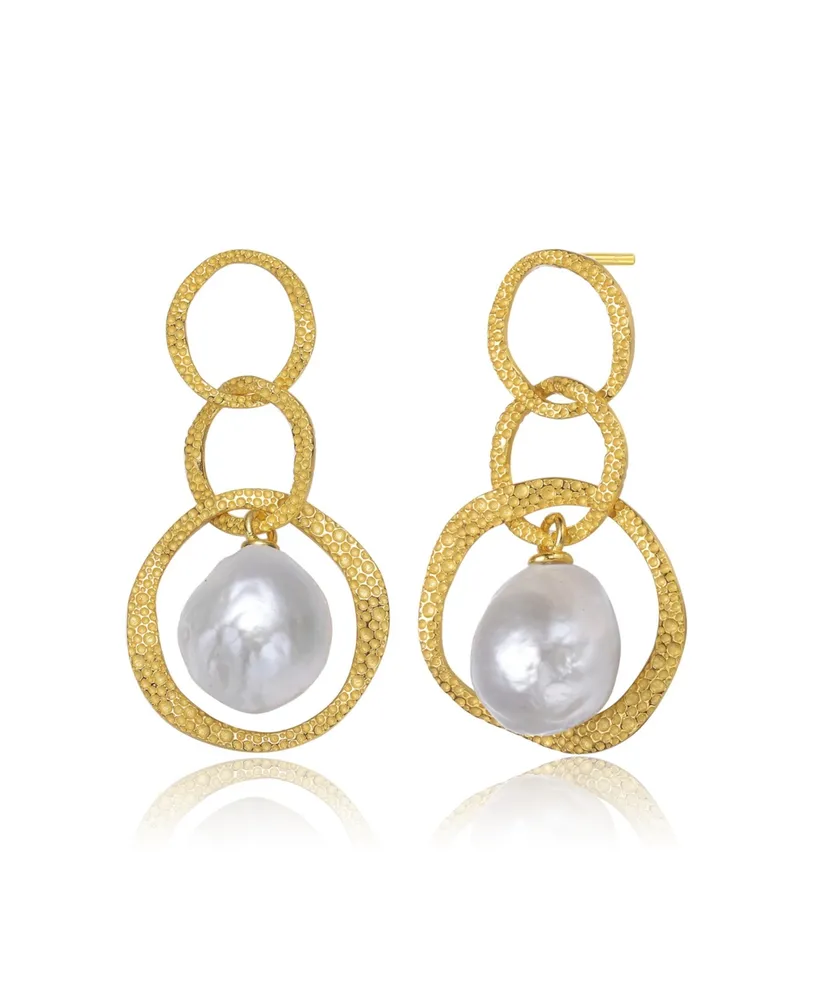 Genevive Sterling Silver 14K Gold Plated with Genuine Freshwater Drop Pearl Modern Earrings