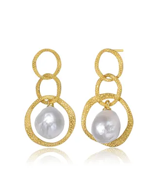 Genevive Sterling Silver 14K Gold Plated with Genuine Freshwater Drop Pearl Modern Earrings