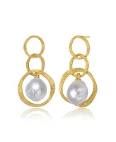 Genevive Sterling Silver 14K Gold Plated with Genuine Freshwater Drop Pearl Modern Earrings