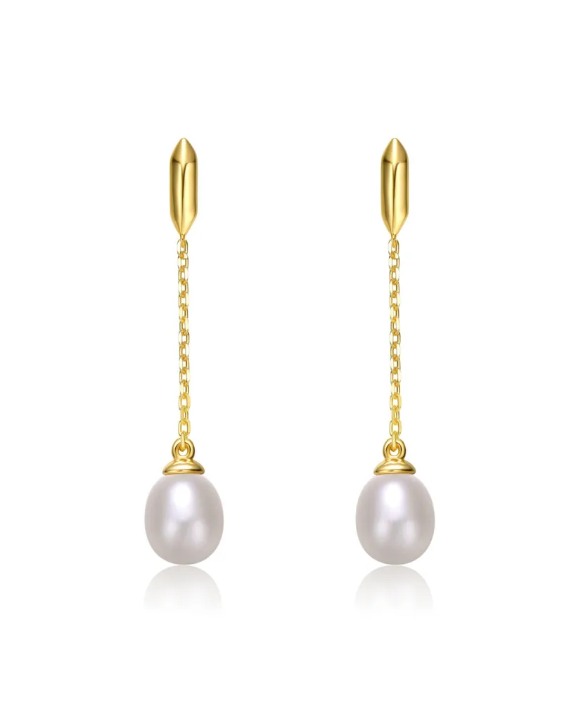 Genevive Sterling Silver 14k Yellow Gold Plated with White Freshwater Pearl Linear Dangle Drop Cable Chain Earrings