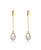 Genevive Sterling Silver 14k Yellow Gold Plated with White Freshwater Pearl Linear Dangle Drop Cable Chain Earrings