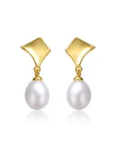 Genevive Sterling Silver 14k Yellow Gold with White Freshwater Pearl Drop Geometric Shield Retro Dangle Earrings