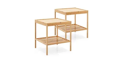 2 Pieces 2 Tiers Bamboo Nightstand for Living Room Bedroom-Natural