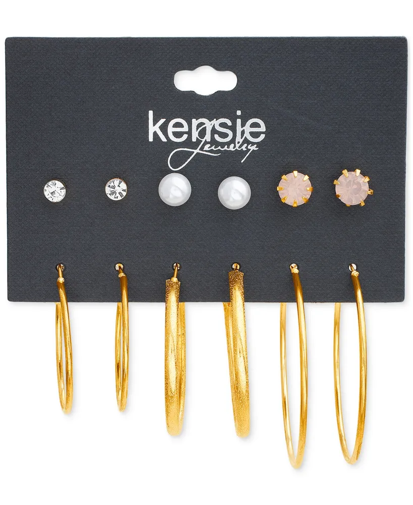 kensie Gold-Tone 6-Pc. Set Mixed Stone Stud & Hoop Earrings