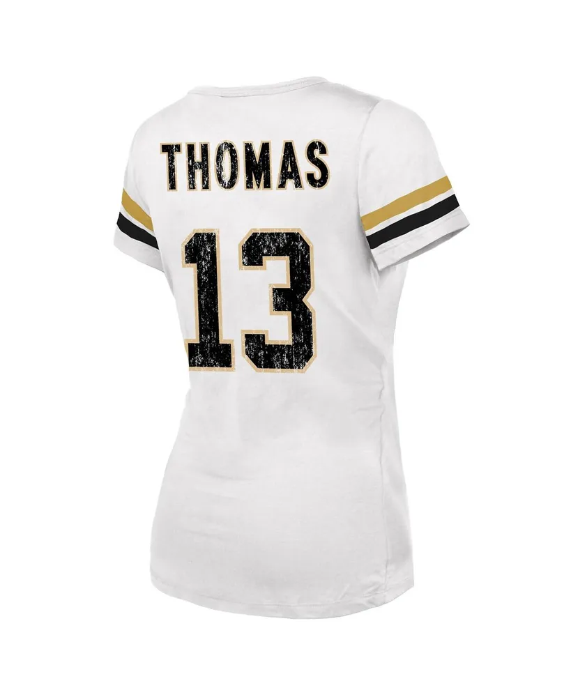 Women's Majestic Threads Michael Thomas White New Orleans Saints Fashion Player Name and Number V-Neck T-shirt