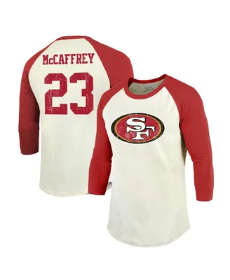 Men's Majestic Threads Christian McCaffrey Cream, Scarlet San Francisco 49ers Player Name and Number Raglan 3/4-Sleeve T-shirt