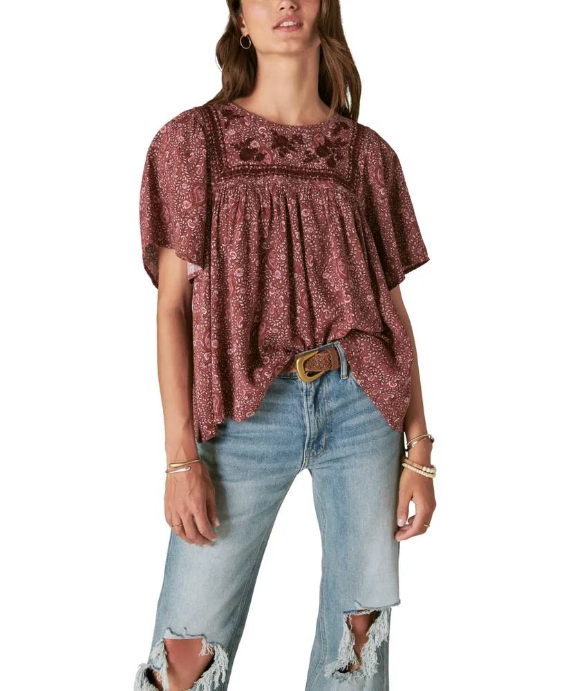Lucky Brand Embroidered V-Neck Top - Women's Shirts/Blouses in Comfrey
