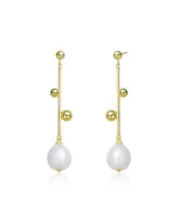 Genevive Sterling Silver 14K Gold Plated Genuine Freshwater Pearl Dangling Earrings