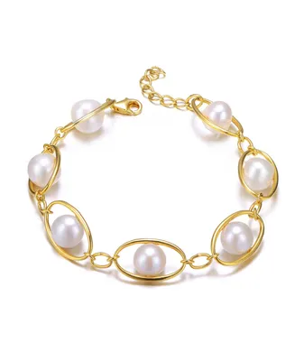 Genevive Sterling Silver 14K Gold Plated Genuine Freshwater Pearl and Cubic Zirconia Link Oval Spring Adjustable Bracelet