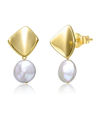 Genevive Sterling Silver 14k Yellow Gold Plated with White Coin Freshwater Pearl Drop Double Dangle Geometric Earrings