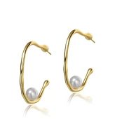 Genevive Sterling Silver 14K Gold Plated with Genuine Freshwater Pearl Hoop Earrings