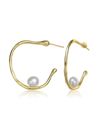 Genevive Sterling Silver 14K Gold Plated with Genuine Freshwater Pearl Hoop Earrings