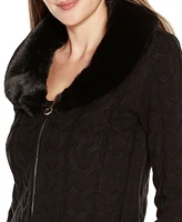 Belldini Women's Black Label Faux Fur Collared Cable Cardigan Sweater