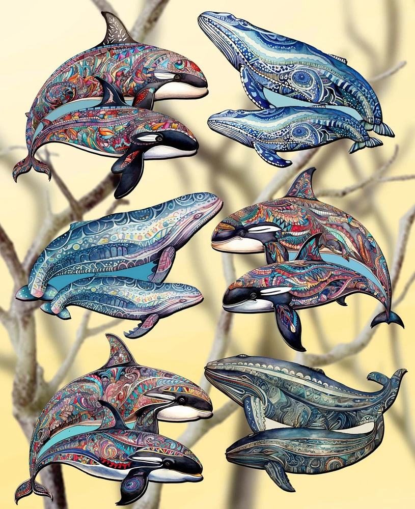 Designocracy Holiday Wooden Clip-On Ornaments Embracing Whales Set of 6 G. DeBrekht