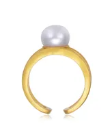 Genevive Sterling Silver 14K Gold Plated with Genuine Freshwater Pearl Solitaire Open Ring