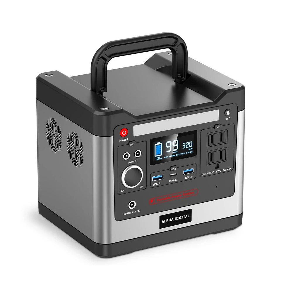 Alpha Digital 320W Portable Power Station- 298Wh/93120mAh, 8x Outputs: Ac/12V Dc/Usb