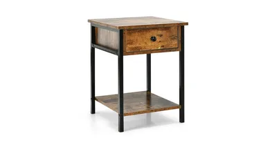 Industrial End Side Table Nightstand with Drawer Shelf