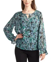 Bcx Women's Floral-Print Smocked-Shoulder Keyhole Top