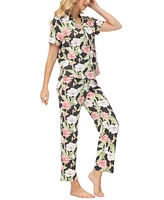 Echo Women's 2 Piece Printed Short Sleeve Notch Top with Pants Pajama Set