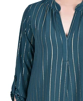 Ny Collection Petite Long Sleeve Foil Striped Blouse