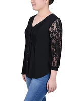 Ny Collection Petite 3/4 Lace-Sleeve Knit Top