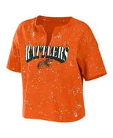 Women's Wear by Erin Andrews Orange Florida A&M Rattlers Bleach Wash Splatter Cropped Notch Neck T-shirt