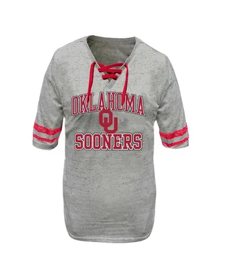 Women's Profile Heather Gray Distressed Oklahoma Sooners Plus Size Striped Lace-Up T-shirt