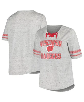 Women's Profile Heather Gray Distressed Wisconsin Badgers Plus Striped Lace-Up T-shirt
