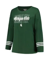 Women's Profile Green Michigan State Spartans Plus Size Triple Script Crew Neck Long Sleeve T-shirt