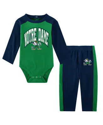 Infant Boys and Girls Navy Notre Dame Fighting Irish Rookie Of The Year Long Sleeve Bodysuit Pants Set