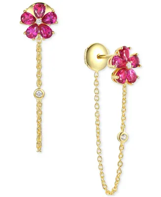 Lab-Grown Emerald (1-1/4 ct. t.w.) & Lab-Grown White Sapphire (1/20 ct. t.w.) Flower Front & Back Drop Earrings in 14k Gold-Plated Sterling Silver (Al