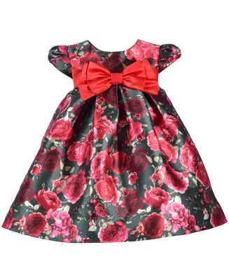 Bonnie Baby Girls Short Sleeved Floral Trapeze with Bow Dress