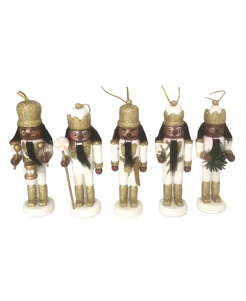 Santa's Workshop 5" Black, White Gold-Tone Glitter Nutcracker, Set of 5