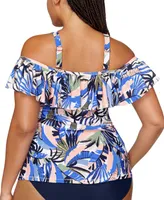 Raisins Curve Trendy Plus Size Tortuga Ruffled Off-The-Shoulder Tankini Top