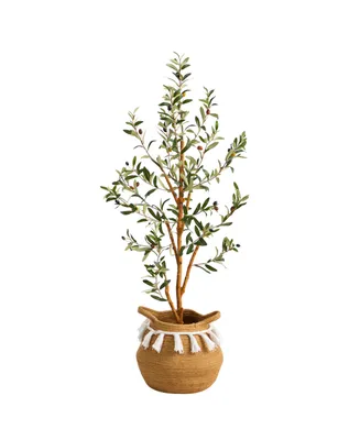 Nearly Natural 42" Artificial Olive Tree with Handmade Jute Cotton Basket with Tassels