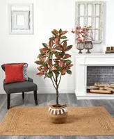 Nearly Natural 60" Artificial Fall Magnolia Tree with Handmade Jute Cotton Basket with Tassels