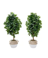 Nearly Natural 54" Artificial Ficus Tree with Double Trunk in Handmade Cotton Jute Basket Diy kit Set of 2