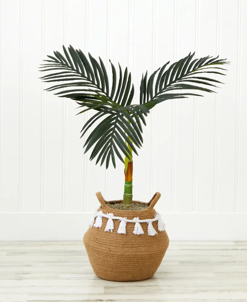 Nearly Natural 36" Artificial Cane Palm Tree with Handmade Jute Cotton Basket with Tassels Diy Kit